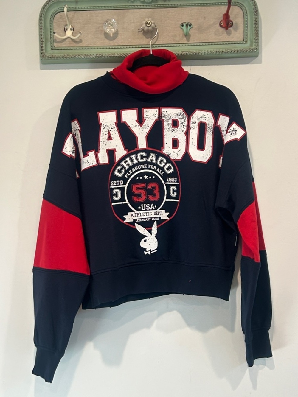 PLAYBOY x Missguided navy & Red Chicago 53 Cropped Funnel-Neck Sweatshirt 6 new